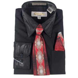 Gian Mario Boys Black Dress Shirt Red Black Gold Tie Hanky Set Size 6